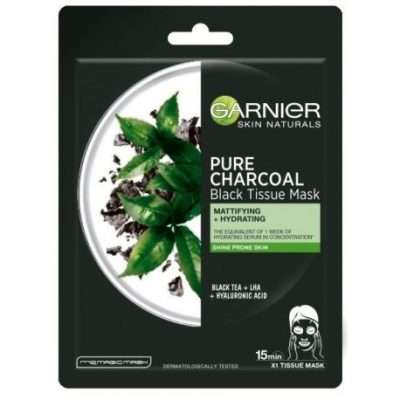 Garnier Pure Charcoal Black Tissue Mask Mască din țesătură matifiantă și de curățare cu extract de ceai negru 28g